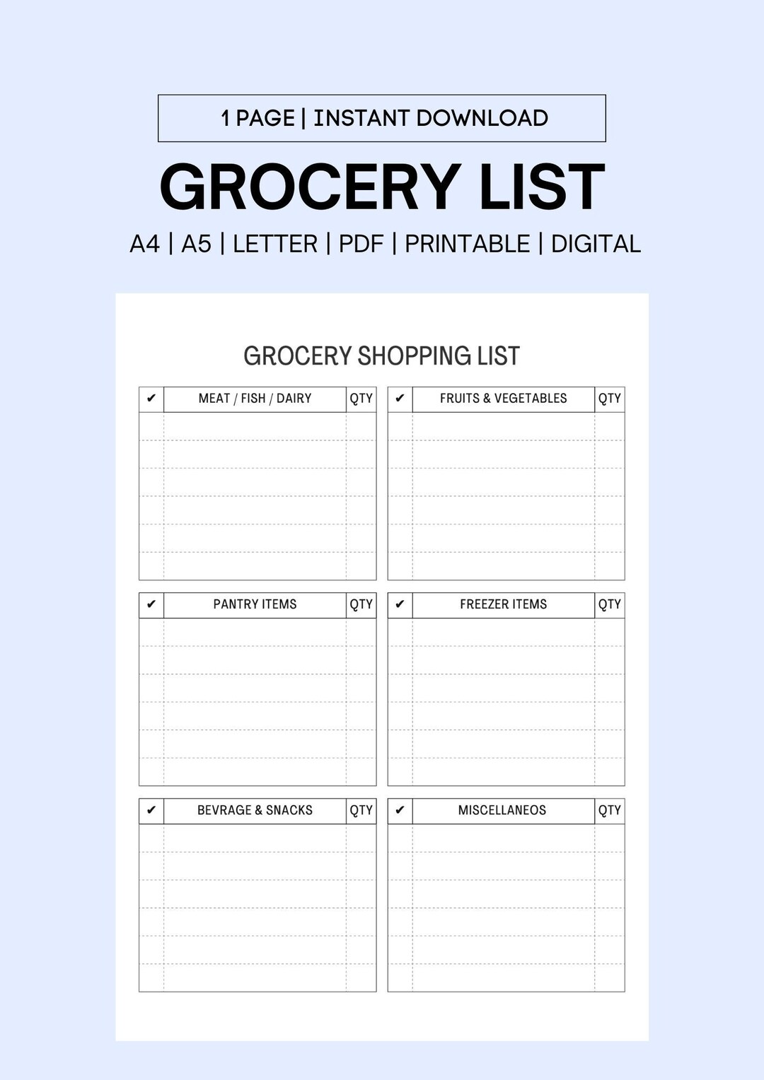 Printable Grocery Checklist, Online Shopping List, Grocery Shopping