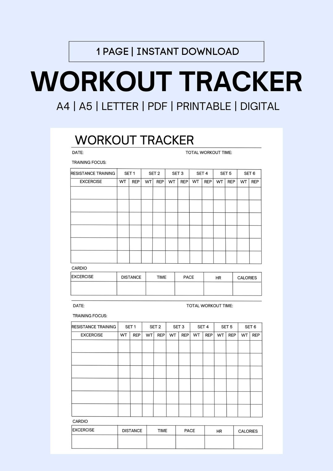 Fitness Workout Tracker Printable, Daily Exercise Log, Fitness Journal