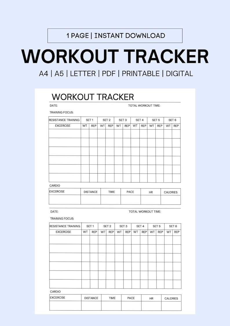 Fitness Workout Tracker Printable, Daily Exercise Log, Fitness Journal ...