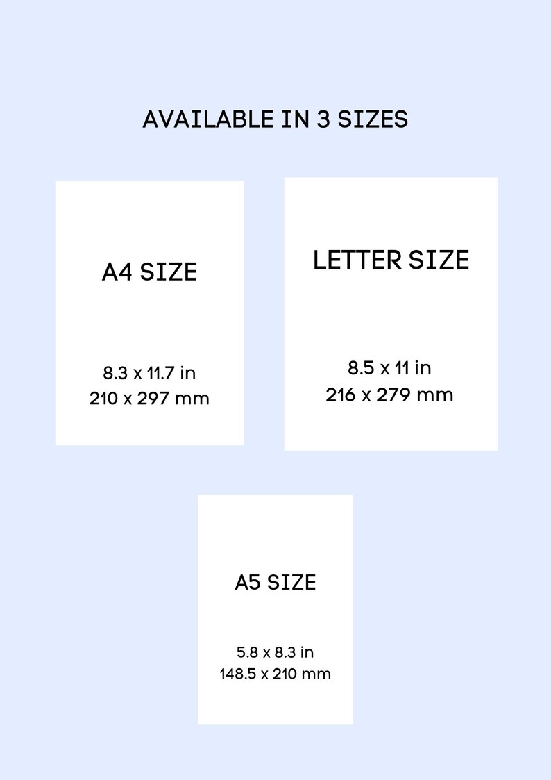 K&ouml;nnte beinhalten: Eine Grafik, die drei verschiedene Papierformate zeigt: A4, Letter und A5. Die Gr&ouml;&szlig;en sind in Zoll und Millimetern angegeben.