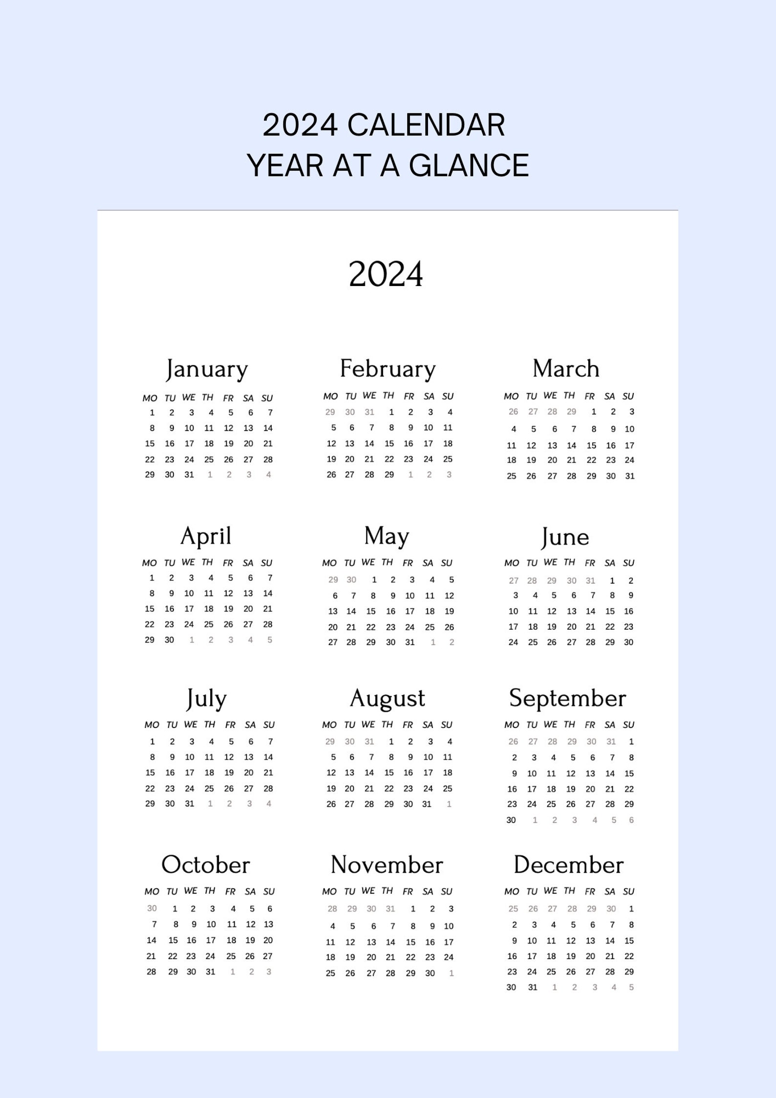 2024 Wall Calendar, Year at a Glance, 2024 Calendar, Minimal 2024 Year