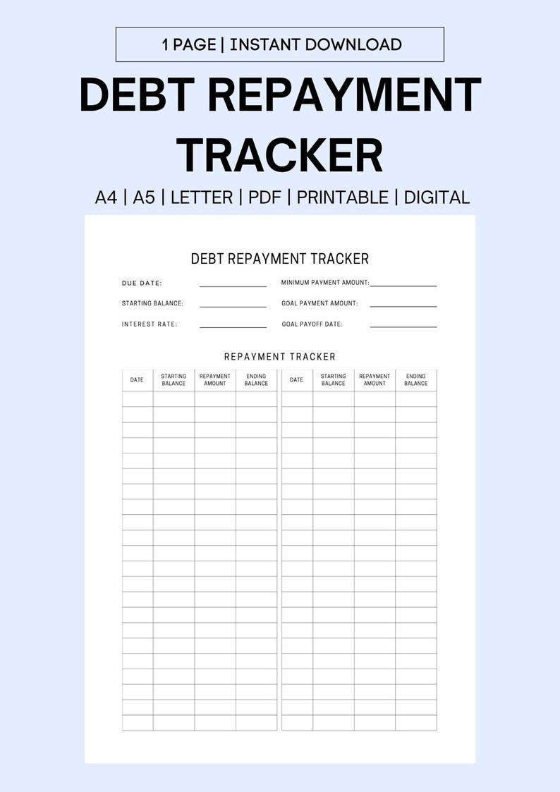 K&ouml;nnte beinhalten: Ein druckbarer Schuldenr&uuml;ckzahlungs-Tracker mit Abschnitten f&uuml;r F&auml;lligkeit, Anfangsguthaben, Zinssatz, Mindestzahlungsbetrag, Zielzahlungsbetrag, Zielauszahlungsdatum und einer Tabelle zur Verfolgung des R&uuml;ckzahlungsfortschritts.
