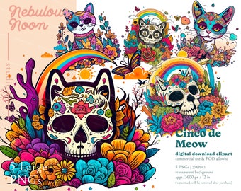 Cinco de Meow 5 PNG Funny Cat Sugar Skull Clipart Bundles 23AP063 | spooky sticker,day of the dead,Mexican celebration,Halloween,tattoo png