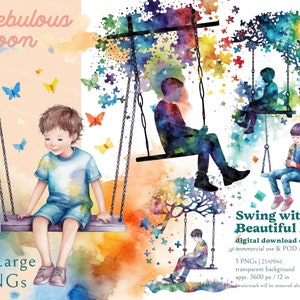 Swing Beautiful Mind 5 PNG Aquarel Kid Clipart Bundels 23AP066 | autisme bewustzijn shirt, autisme acceptatie, speciale behoefte ontwerp, puzzel kunst