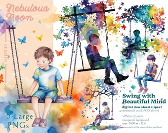 Swing Beautiful Mind 5 PNG Watercolor Kid Clipart Bundles 23AP066 | autism awareness shirt,autism acceptance,special need design,puzzle art