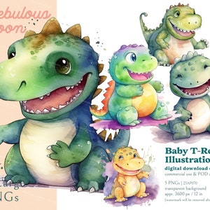 May include: Watercolor illustration of five baby T-Rex dinosaurs in various poses and colors. The dinosaurs are green, blue, orange, and yellow with friendly expressions. The image includes the text "Baby T-Rex Illustration" and "5 Large PNGs".