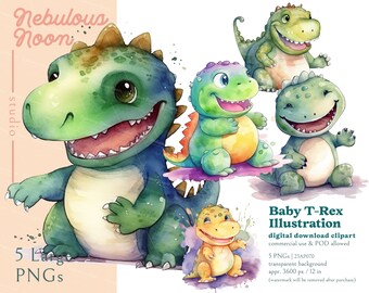 May include: Watercolor illustration of five baby T-Rex dinosaurs in various poses and colors. The dinosaurs are green, blue, orange, and yellow with friendly expressions. The image includes the text "Baby T-Rex Illustration" and "5 Large PNGs".