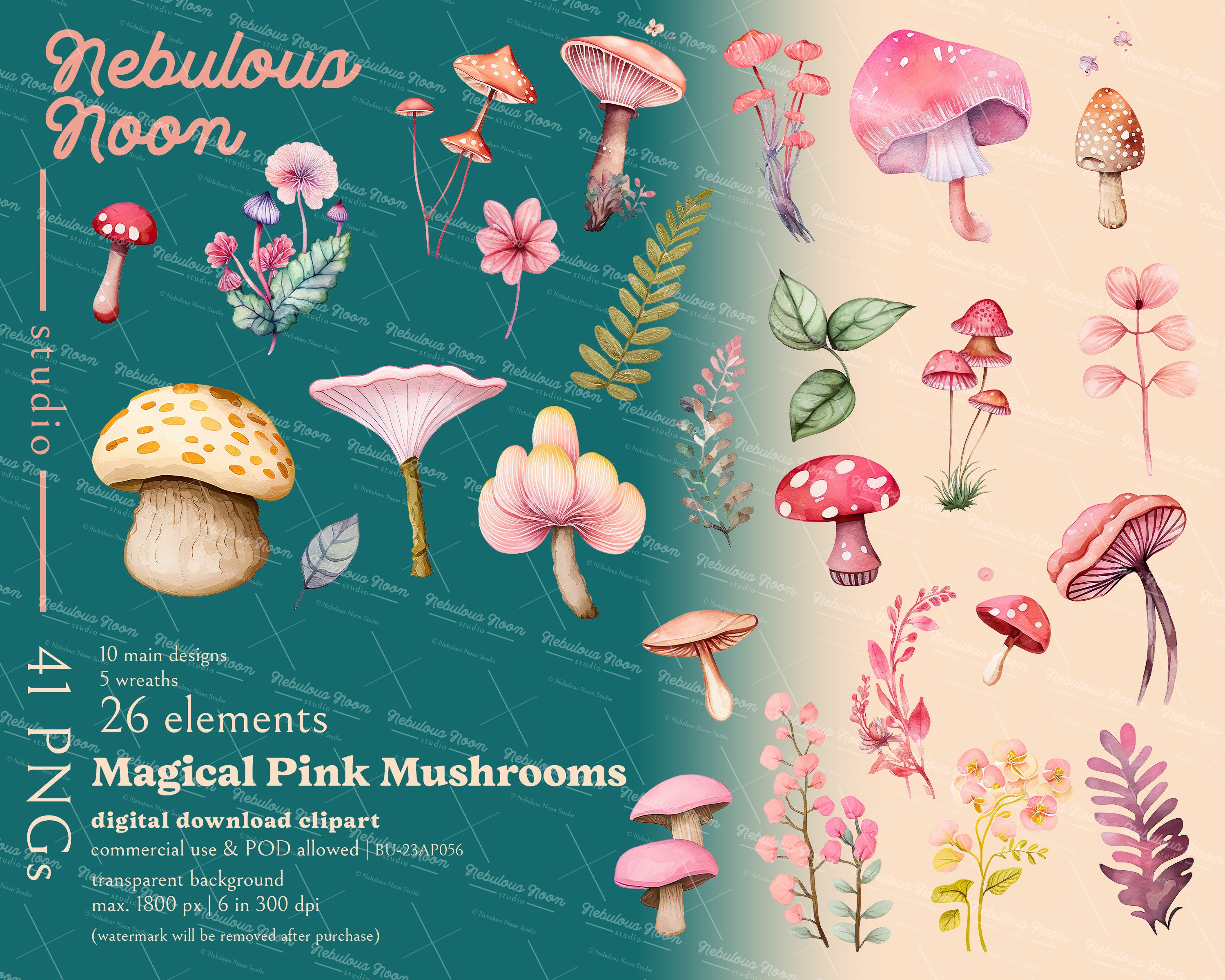 Magical Pink Mushrooms 41 PNG Clipart Mega Bundle BU-23AP056 | Mushroom ...