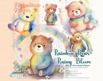 Rainbow Bear Rainy Bloom 4 PNG Digital Sticker Clipart 23SE013 / oso lindo, arte infantil, oso acuarela, baby shower, ilustración de oso