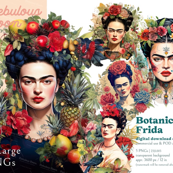 Botanical Frida 5 PNG Portrait Clipart Bundle 23JL003 | frida kahlo png tumbler,mexican art,frida kahlo print,cinco de mayo,frida sticker