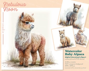 Watercolor Baby Alpaca 10 JPG Watercolor Clipart Bundle 23AP031 | nursery decor,baby animal,alpaca blanket,llama shirt,character design