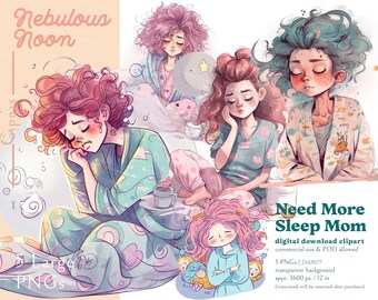 Need More Sleep Mom 5 PNG Sleepy Girl Character Clipart Bundle 23AP077 | mothers day sticker,junk journal sticker,stay up,study hard student