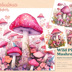 Wild Pink Pilze 10 JPGs Pflanzen Clipart Bundle AP23011 | Pilz Ohrringe,Pilz Shirt,Pilz Becher,Kinderzimmer Aufkleber,Pilz Halskette