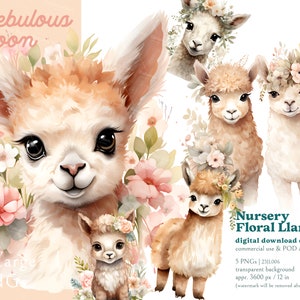 Kwekerij Floral Llama 5 PNG dierlijke clipart bundel 23JL006 | lama illustratie, dierendecor, babykaarten, kinderdagverblijfdecor, babydouchegift, dierentuinreis