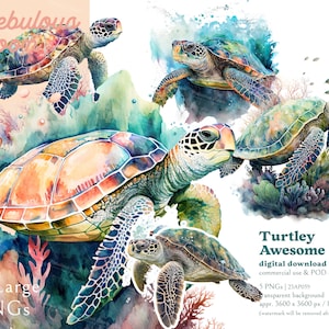 May include: A digital download of watercolour clipart showing five sea turtles. The turtles are depicted in shades of orange, green, and blue. The image includes the text "Turtley Awesome" and "5 Large PNGs".