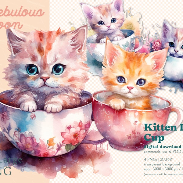 Kitten in Cup 4 PNGs Digital Download Clipart Bundle 23AP047 | cat clipart,cat pin,lucky cat,tea cup kitten,nursery sticker,cute baby kitten