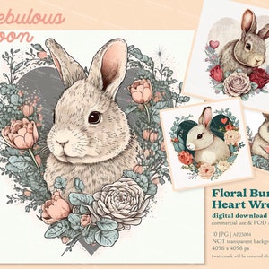 Foral Bunny Heart Wreath 10 JPG download istantaneo Bundles AP23004 / uso commerciale, stampa coniglietto divertente, coniglio pasquale, adesivo vivaio, stampabile