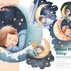 Moon Baby Sleep 5 PNG baby boy Clipart Bundles 23AP074 | moon and star illustration,nursery wall art,baby room decor,baby blue,bedtime art