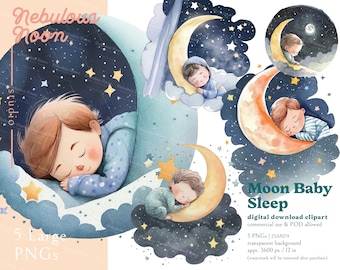 Moon Baby Sleep 5 PNG baby boy Clipart Bundles 23AP074 | moon and star illustration,nursery wall art,baby room decor,baby blue,bedtime art