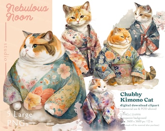 May include: Five digital illustrations of cats wearing colorful Japanese-style kimonos. The cats are in various poses, including sitting, standing, and looking at the viewer. The kimonos are decorated with floral patterns and have a watercolor effect.