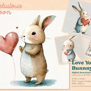 Love You Bunny 10 JPG Clipart Bundles AP23005 / uso POD commerciale, stampa San Valentino, coniglio pasquale, adesivo vivaio, bosco acquerello, tshirt