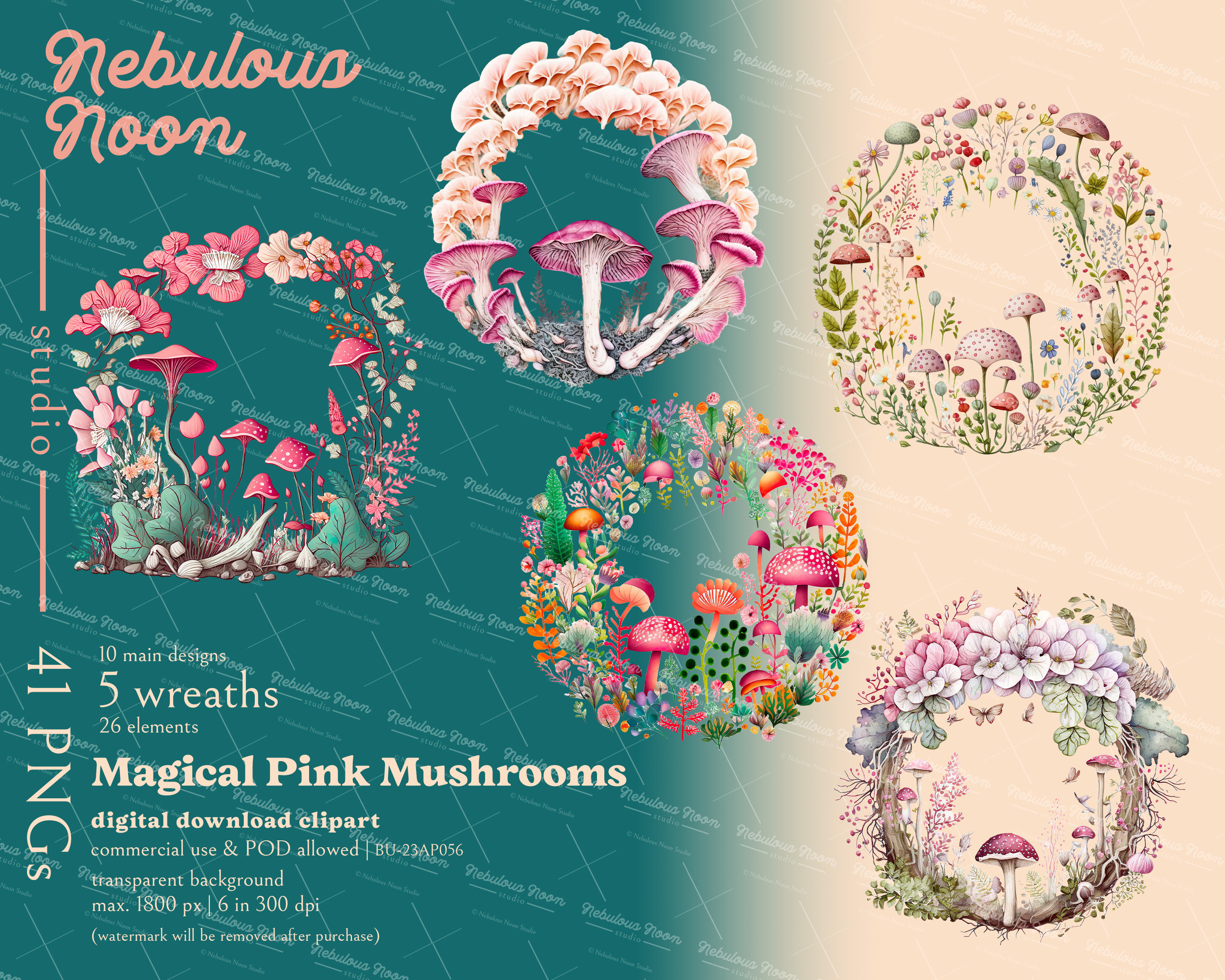 Magical Pink Mushrooms 41 PNG Clipart Mega Bundle BU-23AP056 | Mushroom ...