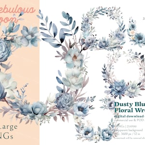 Dusty Blue Floral Wreath 5 PNG Arrangement Clipart Bundle 23AP080 / boho blu, invitaciones de boda azul polvoriento, marco de flores, imágenes prediseñadas de invierno azul