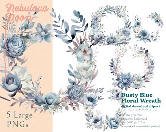 Dusty Blue Floral Wreath 5 PNG Arrangement Clipart Bundle 23AP080 | boho blu,dusty blue wedding invitations,flower frame,winter blue clipart
