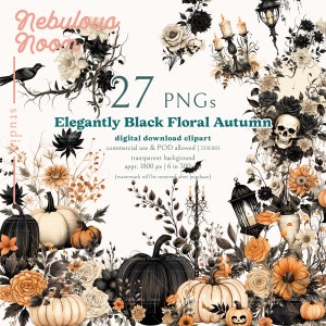 Elegantly Black Floral Autumn 27 PNG Halloween Clipart Bundle 23SE003 | gothic halloween,black and beige,dark floral,boho spooky,lantern
