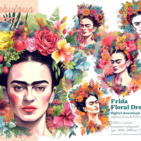 Frida Flower Dream 5 PNG Portrait Clipart Bundle 23AP062 | frida kahlo png tumbler,mexican art,frida kahlo print,cinco de mayo,frida sticker