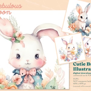 Cutie Bunz Illustration 10 JPG Clipart Bundles AP23001 / uso POD commerciale, stampa coniglietto divertente, coniglio pasquale, adesivo vivaio, acquerello