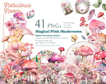 Magical Pink Mushrooms 41 PNG Clipart Mega Bundle BU-23AP056 | mushroom earrings,mushroom shirt,mushroom mug,nursery sticker,plant art