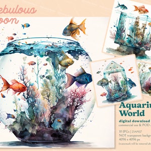 Pode incluir: Uma ilustração de aquarela de um aquário com peixes coloridos, corais e algas marinhas. O aquário é cercado por três imagens menores de aquários com diferentes peixes e corais. O texto "Aquarium World" está escrito em uma fonte azul turquesa na parte inferior da imagem.