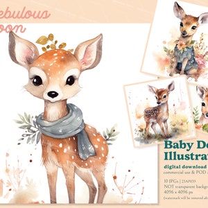 Baby Deer Illustration 10 JPG Animal Clipart Bundle 23AP039 / decoración de vivero, invitación de ducha de bebé de animales del bosque, diseño de personajes, ropa de cama