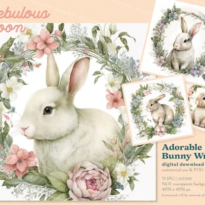 Adorable lapin couronne 10 JPG imprimable Wall Art Bundle AP23008 | Carte de fête des mères, modèles de Pâques, lapin de Pâques, autocollant de crèche, cadeau de bébé