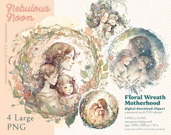 Floral Wreath Motherhood 4 PNG Mothers Day Art Prints Bundle 23AP052 | mom life,mother and child,new born gift,mom shirt,women shirt design