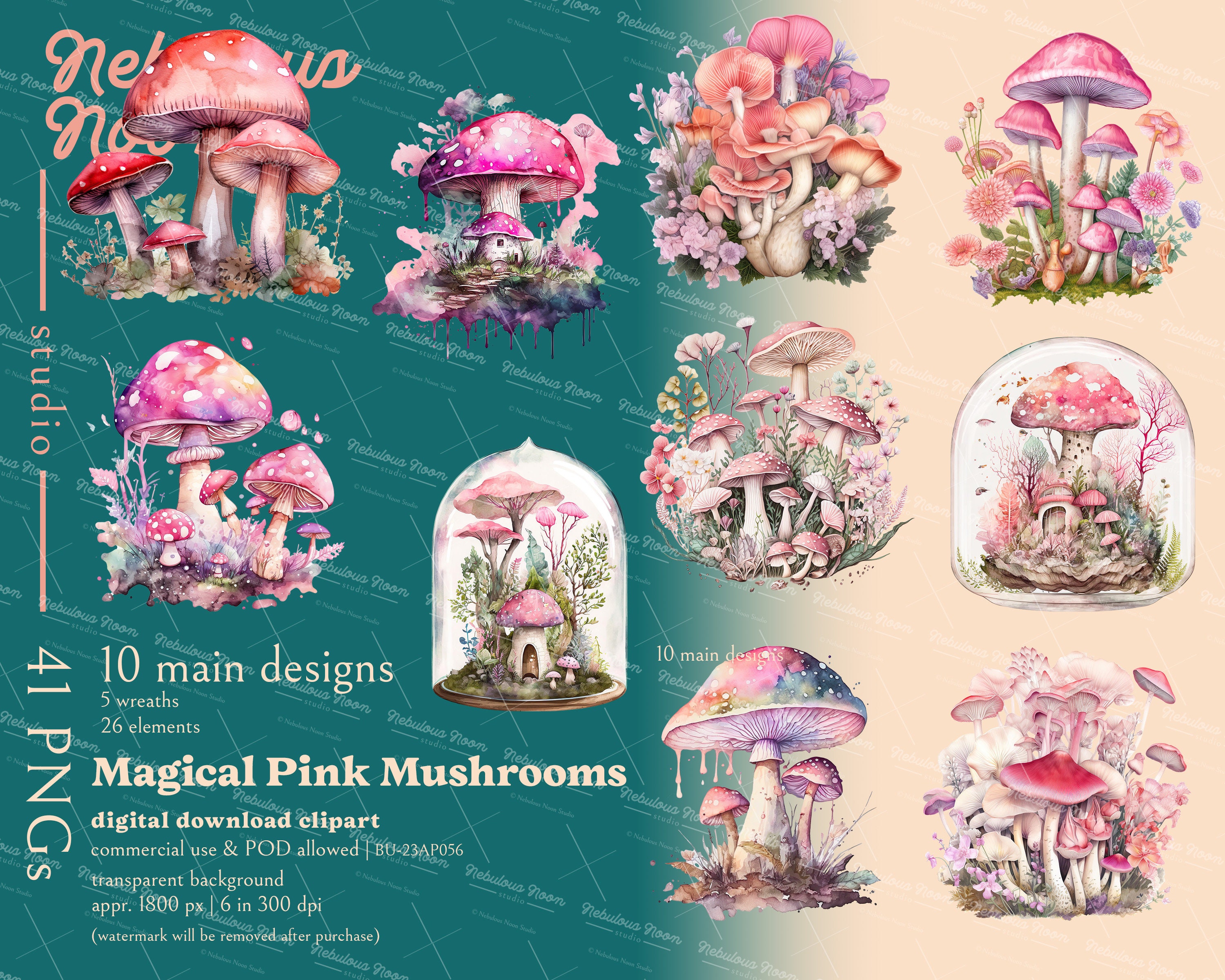 Magical Pink Mushrooms 41 PNG Clipart Mega Bundle BU-23AP056 | Mushroom ...