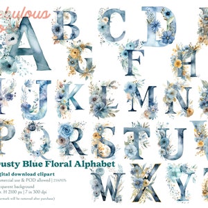 Dusty Blue Floral Alphabet 26 PNG Letter Clipart Bundle 23AP076 ...