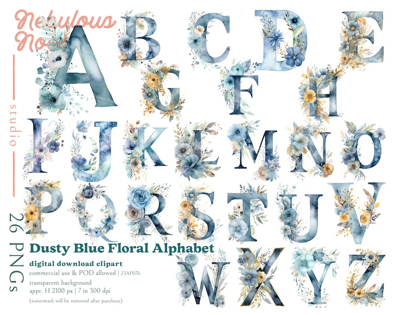 Dusty Blue Floral Alphabet 26 PNG Letter Clipart Bundle 23AP076 ...