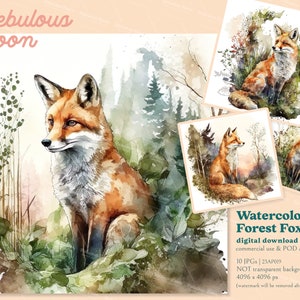 Aquarelle Forest Fox 10 JPGs Printable Art Bundle 23AP019 | autocollant de renard, autocollant de pépinière, illustration de livre pour enfants, décor de pépinière boisée