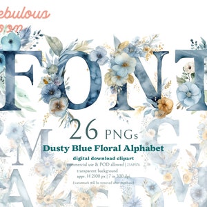 Dusty Blue Floral Alphabet 26 PNG Letter Clipart Bundle 23AP076 / carattere di nozze, inviti di nozze blu polveroso, regali da damigella d'onore, testo floreale