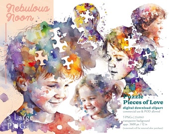 Puzzel Pieces of Love 5 PNG Watercolor Kid Clipart Bundles 23AP065 | autism awareness shirt,autism acceptance,special need design,puzzle art