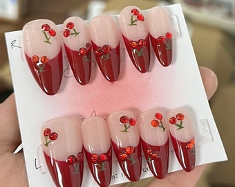 Handmade Painting Cherry Red French Cute Press On Nails Cherry Nails Red Nails French Nails Painting Nails Cute Nails