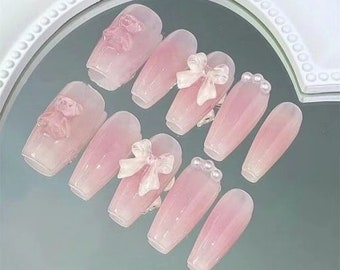 Handmade Crystal Pink Blush Bow Bear Press On Nails Kawaii Nails Pink Nails Cute Nails Coffin Nails