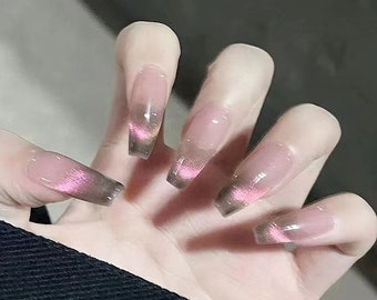 Handmade Black Pink Cat Eye Ombre Press On Nails Ombre Nails Pink Nails Cat Eye Nails Coffin Nails Reusable Nails