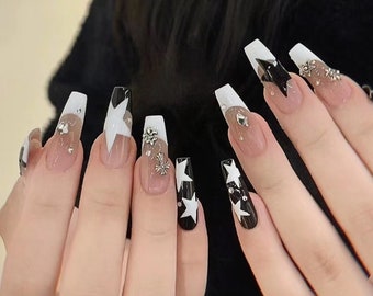 Handmade Black White French Star Metal Cross Press On Nails Y2K Nails Star Nails Coffin Nails Coffin24mm