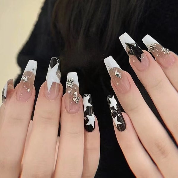 Main Noir Blanc Français Star Metal Cross Press On Nails Y2K Nails Star Nails Coffin Nails Coffin24mm