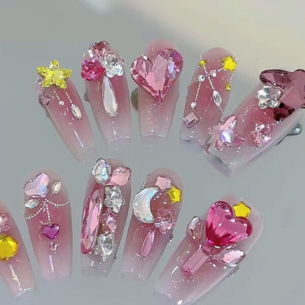 handmade luxury crescent star pink sailor moon nails press on nails luxury nails pink nails long nails coffin nails acrylic nails