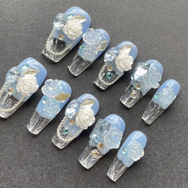 Handmade Blue Clear Glass Ombre White Blue Camellia Flower Gem Wedding Press On Nails Wedding Nails Camellia Nails Coffin Nails Coffin 24mm