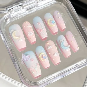 Handmade dream butterfly moon press on nails kawaii nails relief oil painting nails party nails acrylic nails coffin nails